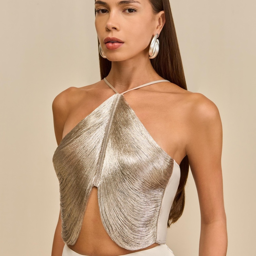 Cult Gaia Metallic Silver Crop Top